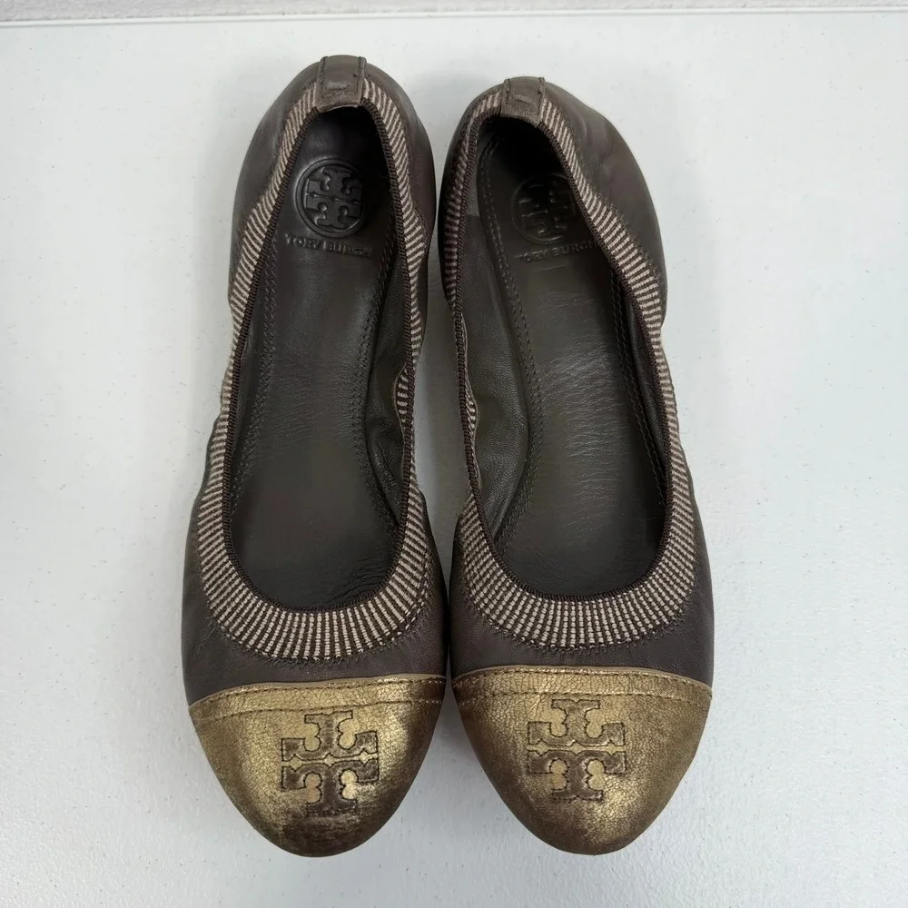 Tory Burch Sz 8.5 Gabby Ballet Flats Gun Metal Leather Gold‎ Cap Toe Logo Shoes
